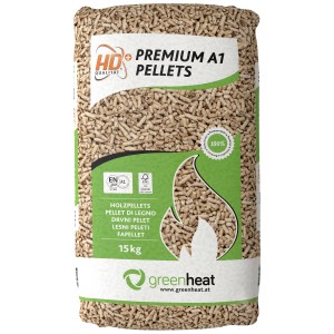 Sac de pellets de bois Greenheat Premium A1, 15 kg, pour poêles et chaudières à pellets.