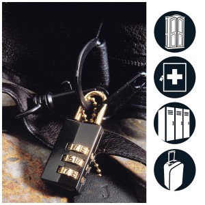 Master Lock Zahlen-Vorhängeschloss, 3-stellig, schwarz, am Gepäck befestigt.