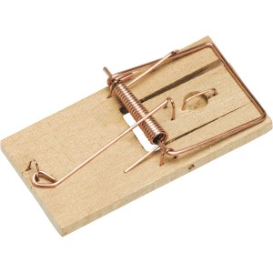 Piège à souris en bois avec arceau métallique et ressort.