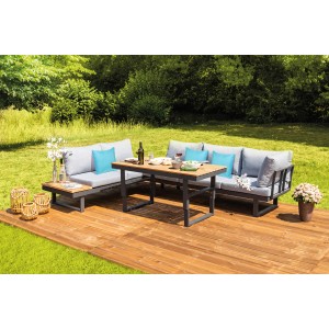 3-teilige Greemotion Lounge-Gruppe San José in Braun mit verstellbarem Tisch und Sofas mit grauen Polstern und blauen Kissen.