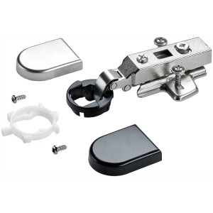 Charnière pour porte en verre Hettich Intermat Mini, recouvrant, avec caches et vis.