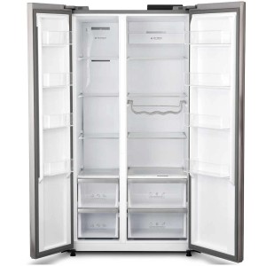 Offener Side-by-Side Kühlschrank aus Edelstahl mit Fächern und Schubladen.