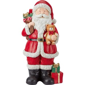 Figurine Père Noël rouge et blanche en magnésie, avec sac de cadeaux, ours en peluche et paquets. Déco Noël.
