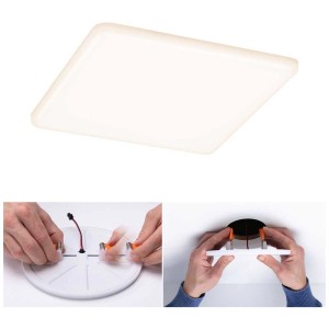 Panneau LED encastrable carré Paulmann Veluna VariFit, ressorts de serrage variables et détails de montage.
