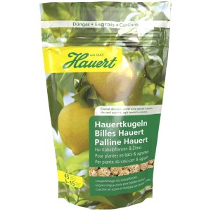 Cônes d'engrais Hauert Tardit pour plantes en pot, 45 pièces, dans un sac transparent avec illustration de citrons.