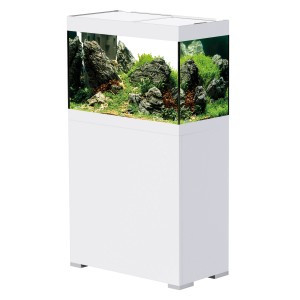 Oase Aquarium-Set StyleLine 125 blanc avec meuble et aménagement intérieur.