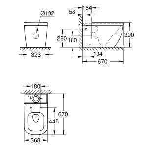 Disegno tecnico: Combinazione WC a terra Grohe Euro Ceramic con dimensioni.