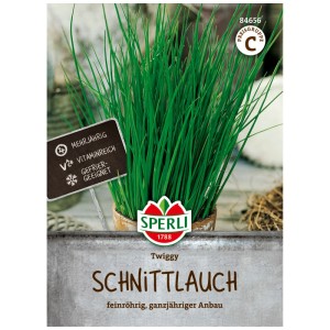 Confezione di semi di erba cipollina Sperli Twiggy con erba cipollina fresca e verde. Perenne, ricca di vitamine e adatta alla coltivazione tutto l'anno.