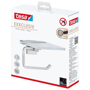 Porta carta igienica Tesa Exxclusiv con ripiano effetto acciaio inox, confezionato.