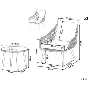 Schizzo del set bistro Laureto grigio: 2 sedie in polyrattan con tavolo, dimensioni e portata.