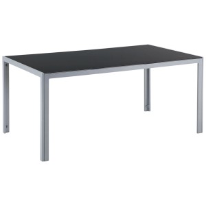 Tavolo da giardino rettangolare Beliani Catania con piano in vetro nero e struttura in alluminio argentato.
