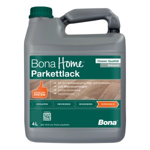 Tanica grigia da 4 litri di vernice per parquet Bona Home Classic lucida per pavimenti in legno e sughero.