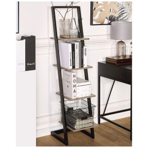 Étagère échelle Joplin en métal noir avec 4 étagères aspect bois, design industriel moderne pour livres et déco.