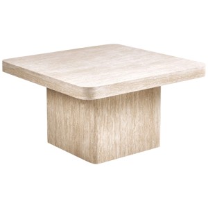 Table basse Beliani Duson, carrée, beige, aspect travertin en MDF avec pied massif.