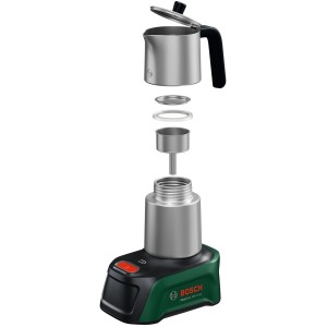 Vista esplosa: macchina da caffè a batteria Bosch EasyMoka 18V-2 Inox, caraffa in acciaio inox, dispositivo a batteria per il viaggio.