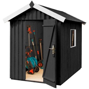 Casetta svedese Weka color antracite in legno con porta aperta e attrezzi da giardino all'interno.