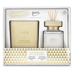 Coffret cadeau Ipuro Essentials Time to Glow avec bougie parfumée et parfum d'ambiance en coffret cadeau.