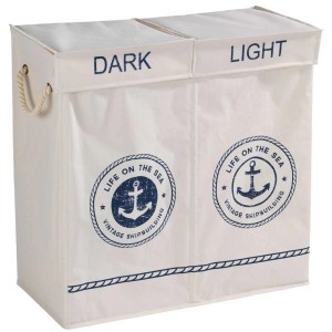 Cesto portabiancheria Wenko Duo Sylt, 108 l, con stampa marittima e due scomparti per bucato chiaro e scuro.