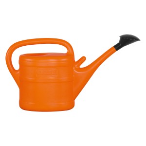Arrosoir OBI orange, 10 litres, avec pomme d'arrosage amovible et emplacement de rangement.
