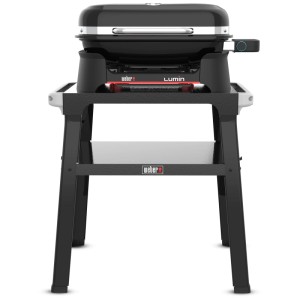 Grill elettrico Weber Lumin nero con supporto, ideale per balconi e giardini.