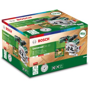 Confezione della sega circolare a batteria Bosch UniversalCirc 12. Sega circolare maneggevole per tagli precisi nel legno.