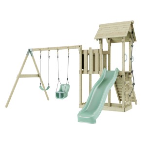 Altalena per neonati PolarPlay Uppsala verde menta con torre giochi e scivolo.