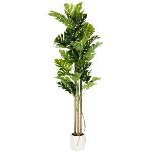 Pianta artificiale Monstera Beliani verde, alta 221 cm, in vaso bianco. Pianta decorativa.