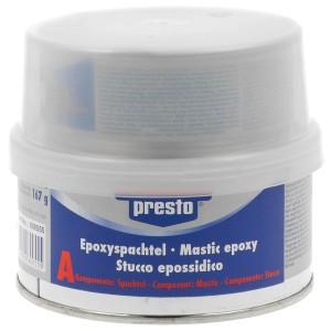 Mastic époxy Presto 500g dans un récipient blanc pour la réparation de peinture et de carrosserie.
