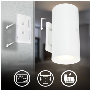Applique murale sans fil blanche Briloner Misy avec support adhésif et chargement USB. Lampe LED.