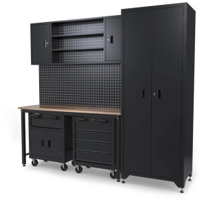 Set officina Güde nero 6 pezzi con banco da lavoro, armadietti, pannello forato e carrelli portautensili.
