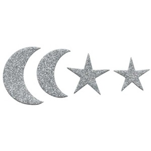 Selbstklebende Moosgummisticker: Mond und Sterne, 60 Stück, glitzernd.
