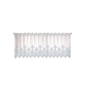 Vitrage blanc 50x155 cm à passants avec motif géométrique bleu pour fenêtre de cuisine.