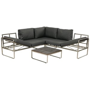 4-tlg. Greemotion Lounge-Set Boston aus Edelstahl mit grauen Polstern und Tisch.