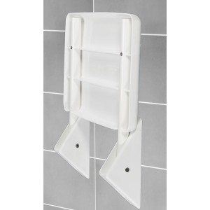 Siège de douche rabattable Wenko Secura blanc, replié sur un mur gris.