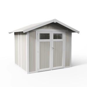 Abri de jardin Grosfillex Utility 4,9 gris-vert, abri en plastique avec double porte et toit à deux pentes.