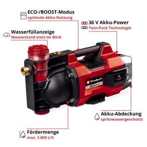 Pompe de jardin sans fil Einhell Aquinna 36/38 F LED, rouge/noir. Pompe électrique puissante pour l'irrigation du jardin.