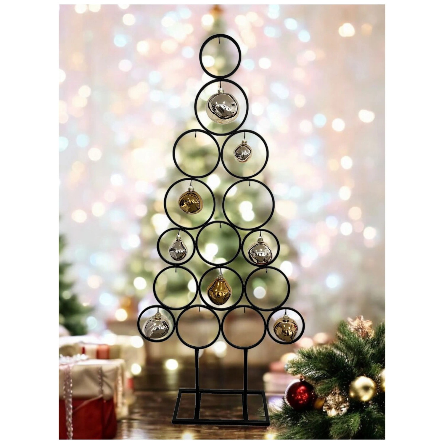 Albero Di Natale In Metallo Nero Con 15 Cerchi - Altezza 123 Cm, Per Decorazioni Interne, Design Moderno