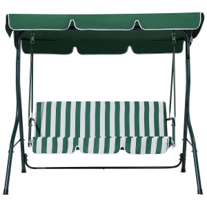 Balancelle Hollywood Chaplin verte avec assise rayée et toit pare-soleil pour 3 personnes.