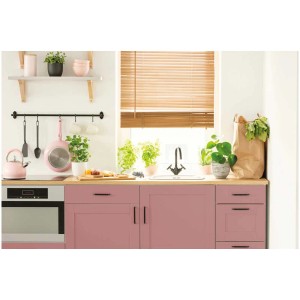 Cucina con pellicola adesiva D-c-fix rosa antico su mobili. Pellicola decorativa per mobili e altro.