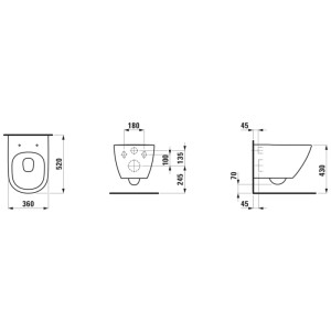 Dessin technique du WC suspendu Laufen Lua Silent Flush blanc avec dimensions. WC céramique ovale sans bride.