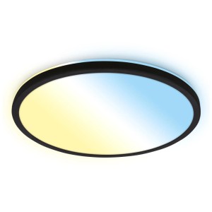 Plafonnier LED Kada noir de Briloner, rond, avec contrôle de la température de couleur et effet de rétroéclairage.