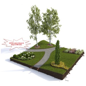 Esempio di design del giardino con bordura per prato color cioccolato, che delinea aiuole e sentieri.