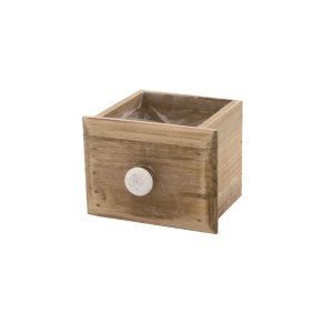 Fioriera in legno marrone a forma di cassetto con inserto in pellicola, 10x12x9 cm.