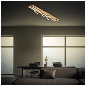 Plafonnier LED moderne en forme de vague avec décor bois, 6000 lumens, blanc chaud.