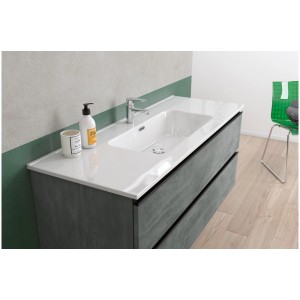 Vasque en marbre minéral blanc (120x46cm) avec meuble sous-vasque dans une salle de bain moderne.