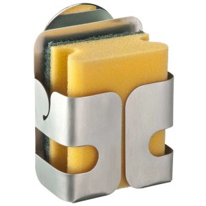 Wenko Turbo-Loc® Lobo porta spugna in acciaio inox argentato opaco con spugna gialla.