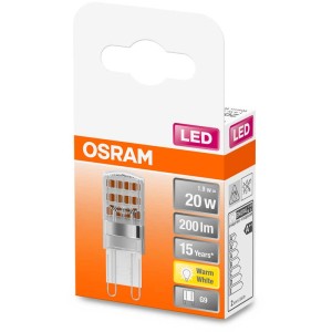 Ampoule LED Osram Pin G9, blanc chaud, 20W, 200lm dans son emballage.