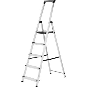 Scala domestica in alluminio a 5 gradini per un'altezza di lavoro fino a 297 cm, portata fino a 150 kg.