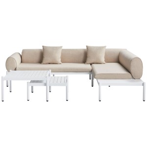 Set lounge Beliani Rasiglia beige 3 pz con divano angolare, tavolino e tavolino laterale.
