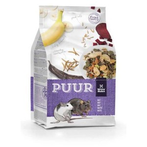 Witte Molen Rattenfutter Puur, confezione da 800g con immagine di ratto e illustrazione degli ingredienti.